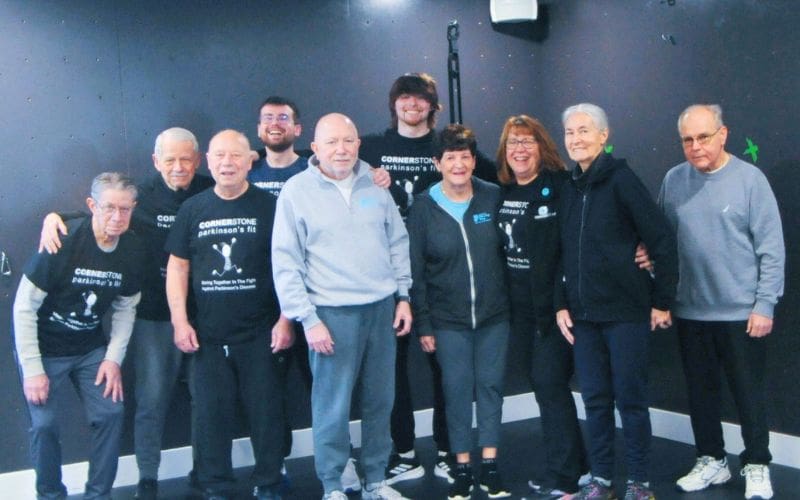 Group photo of Cornerstone Doylestown Parkinson’s FIT participants supporting strength and mobility training