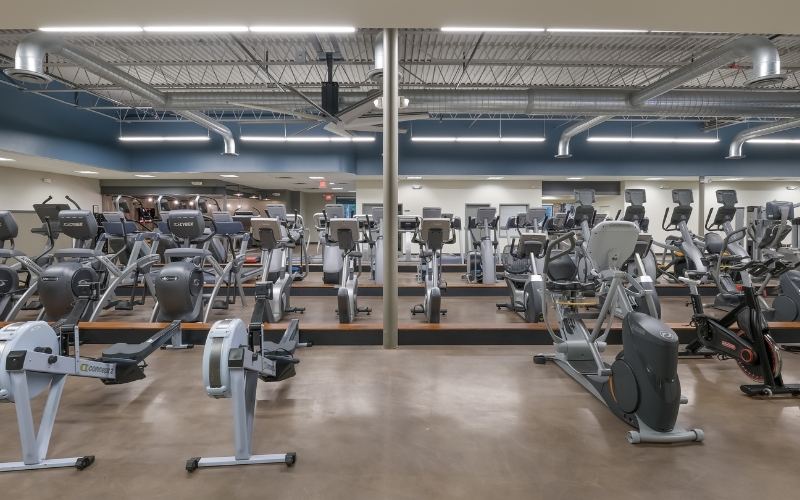 row of modern cardio workout machines at cornerstone gym in new hope
