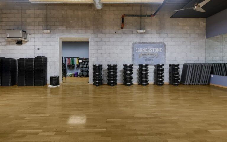 an open and clean group fitness studio at a cornerstone club gym in bucks county