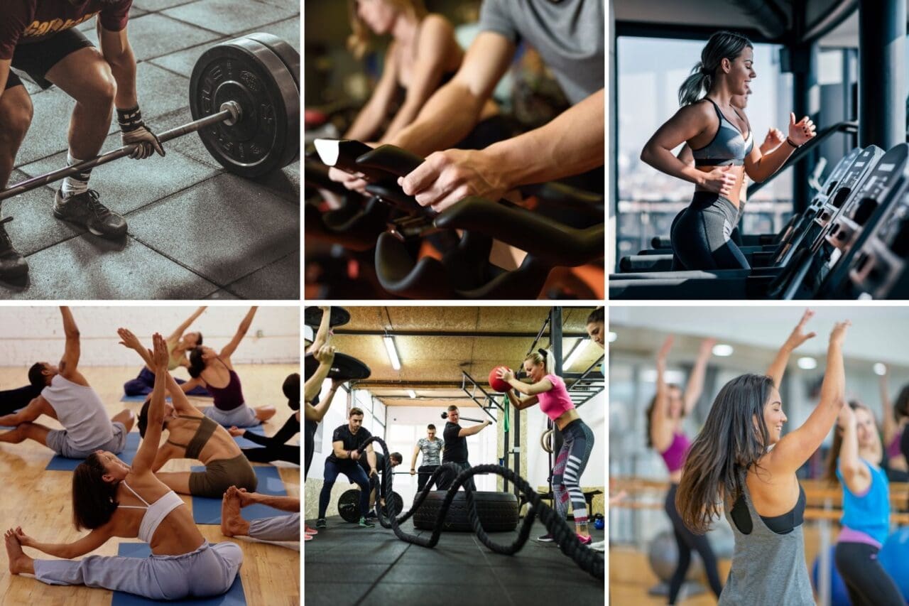 Photo collage of people doing different types of exercise.