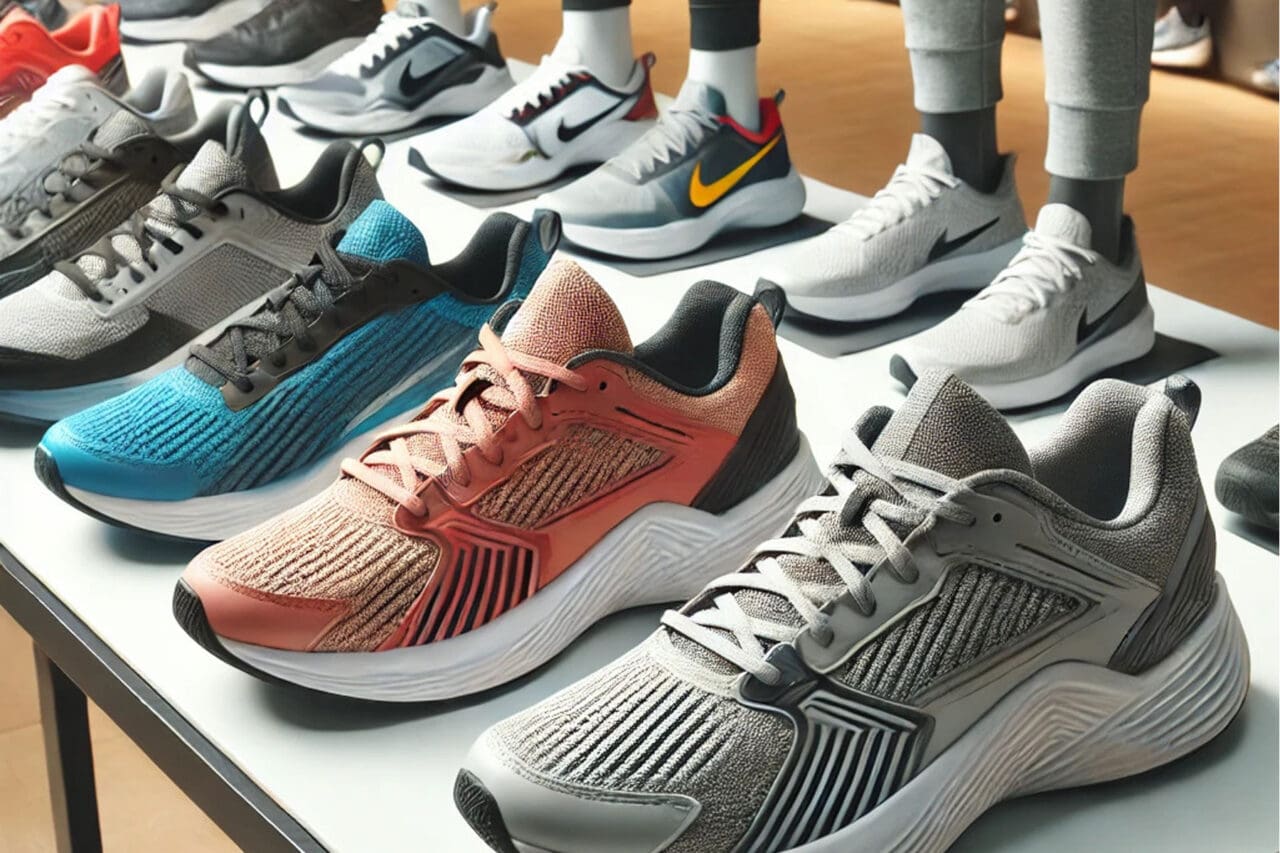 Picture of different athletic shoes on a display in a store