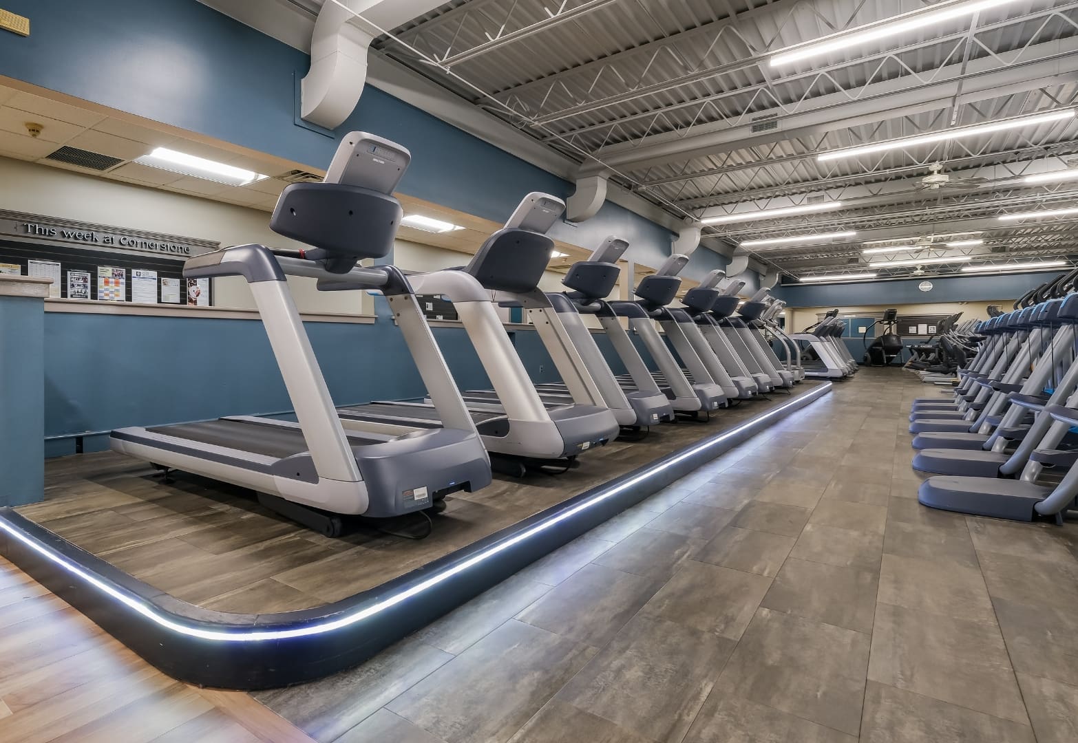 a row of treadmills sits on top of a small, elevated stage with a string of lights around its edge at a fitness club in doylestown