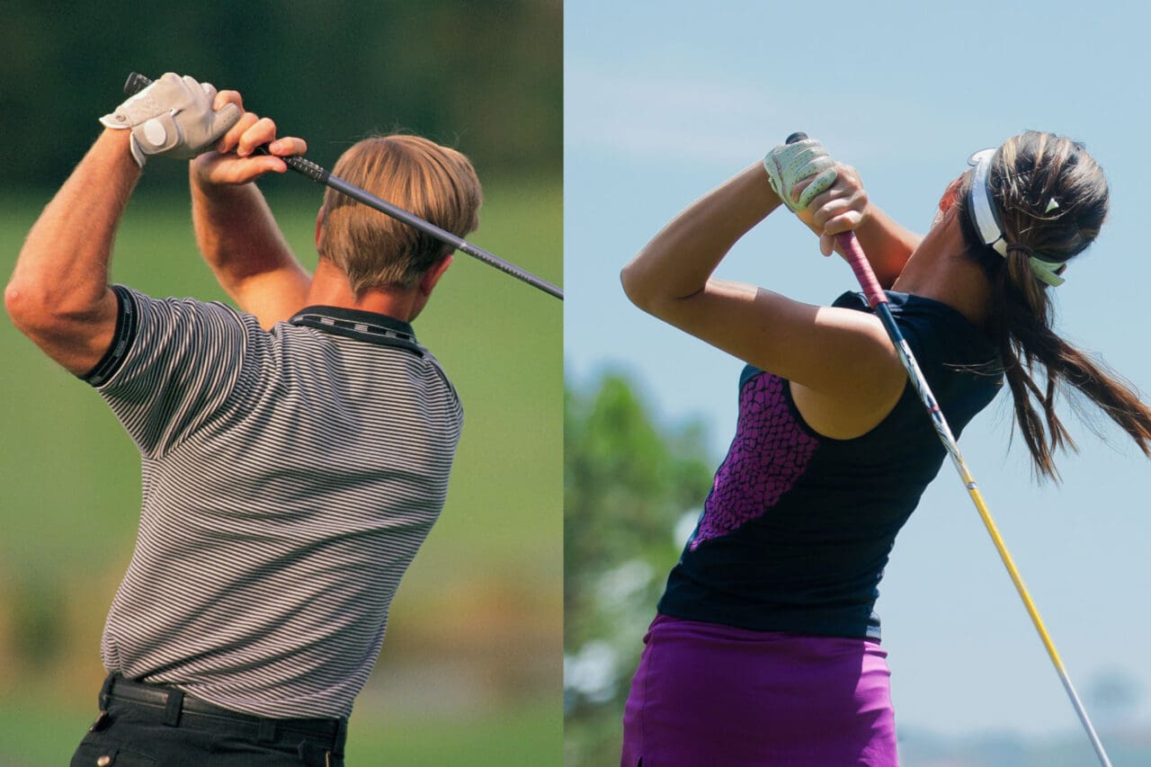A man and a woman in mid golf swing.