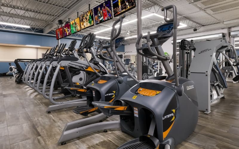 a row of elliptical machines and cardio training equipment at a bucks county gym near me