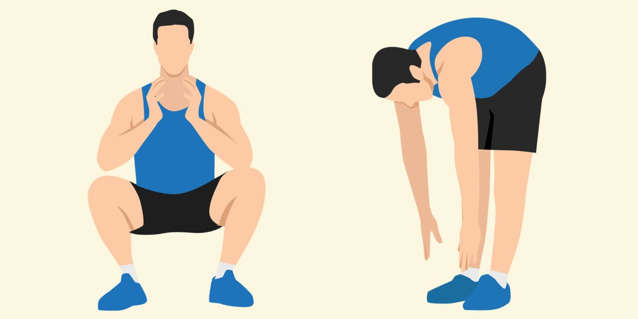 Illustration of a man alternating between a deep squat and a hamstring stretch