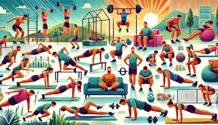Illustrated collage of people doing body weight exercises.