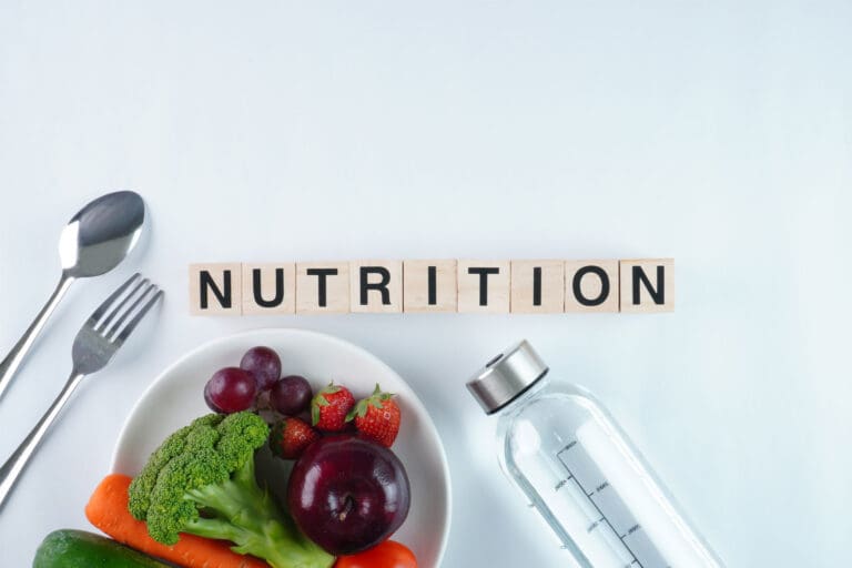 Image of healthy food and a water bottle.