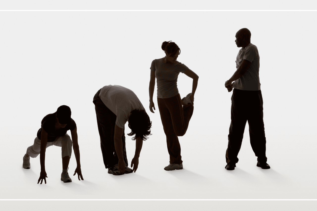 a group of people doing various stretches