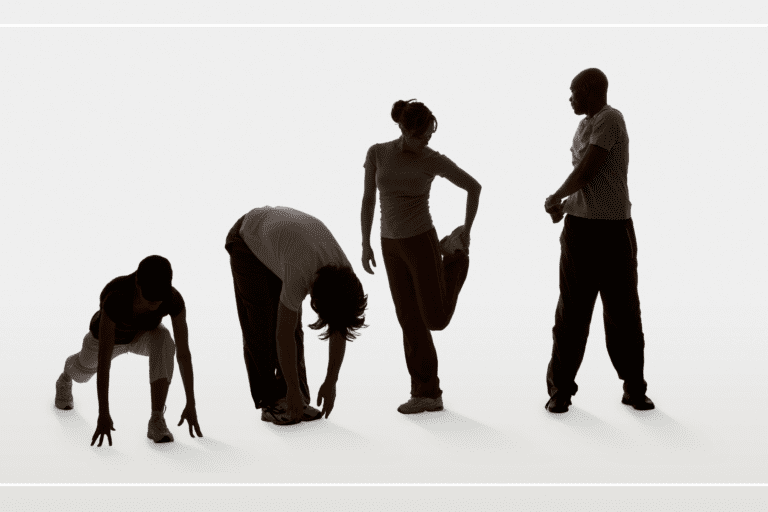 a group of people doing various stretches